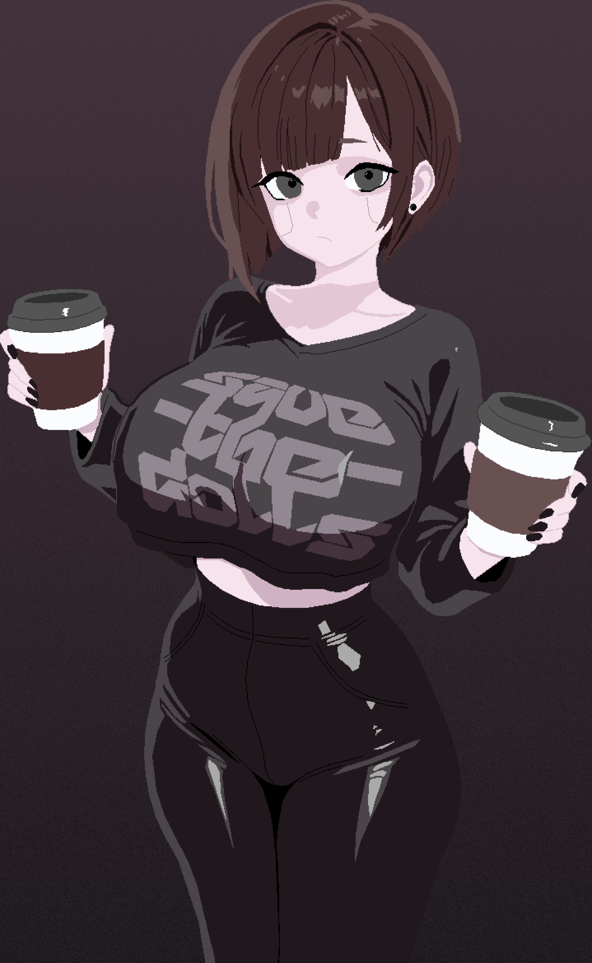 Anime-style artwork of a person with short hair holding two coffee cups. They are wearing a dark sweater with a "save the dolls" graphic design and form-fitting pants. The background is a gradient of dark colors.