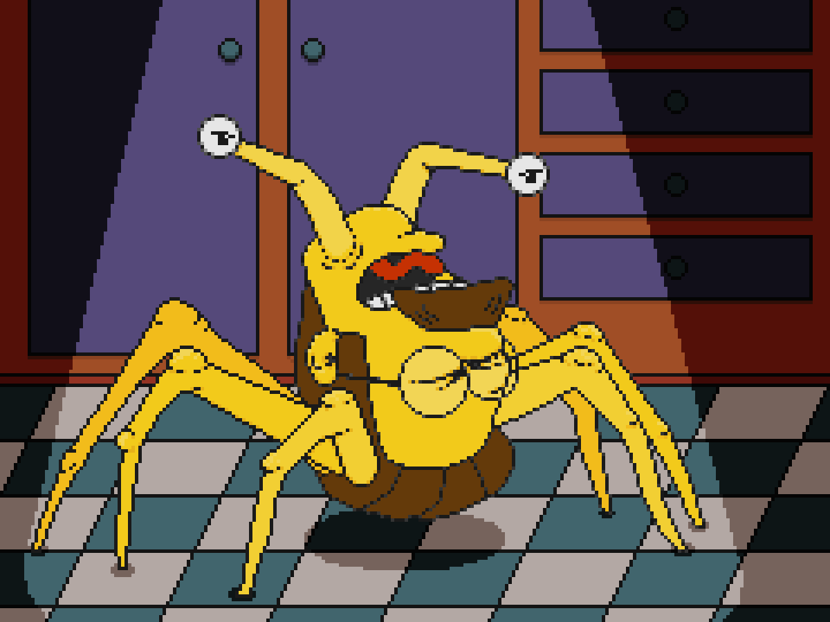 Pixel art of Ned Flanders' head sprouting eye stalks and legs like in The Thing. He's screaming and located on the floor of the Simpsons' kitchen. There is a dramatic light casting down onto him