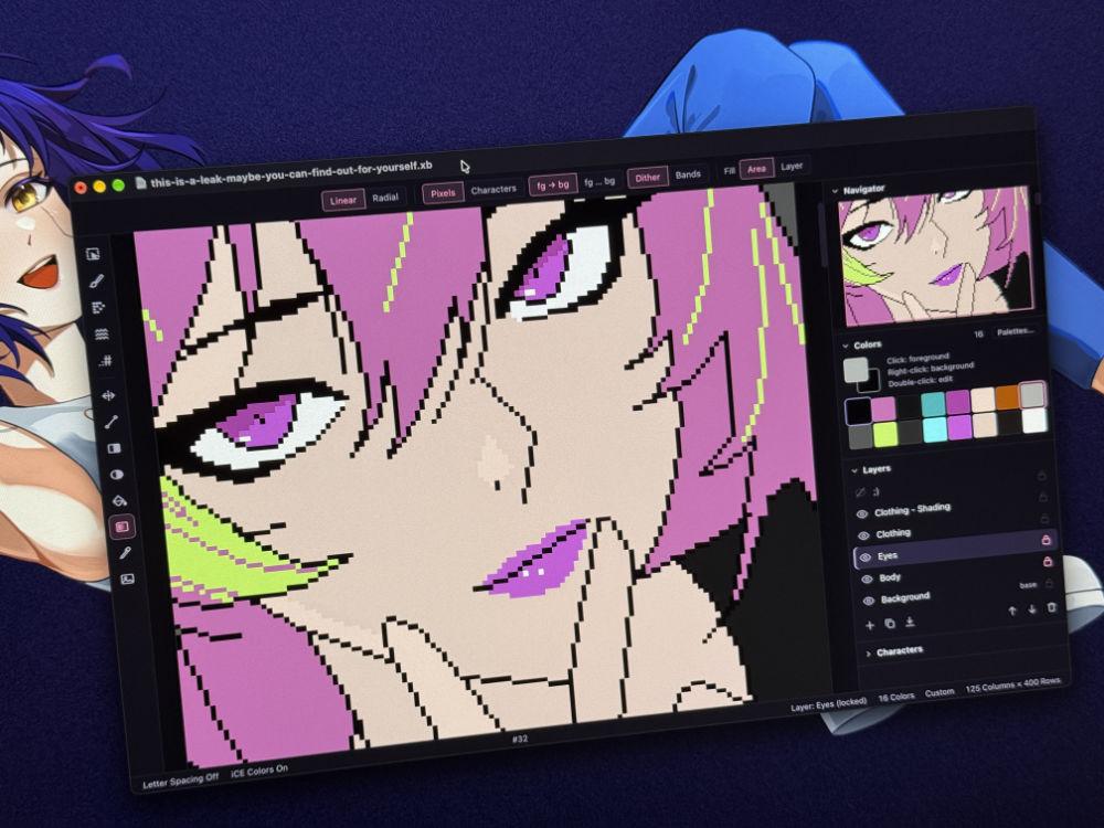 A computer screen displays xbin art of a character with pink hair, purple eyes, and a thoughtful expression. The art program interface shows color palettes and layers. In the background, there is an illustration of a person with purple hair and another with blue clothing.